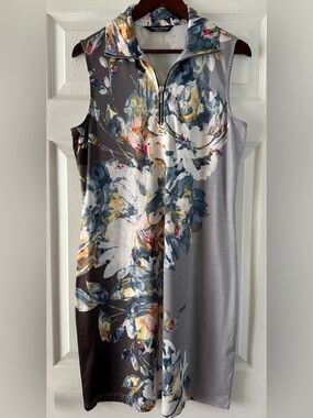 Tango Mango Sleeveless Dress Blue Gray Floral 1/4 Zip Size M NWOT